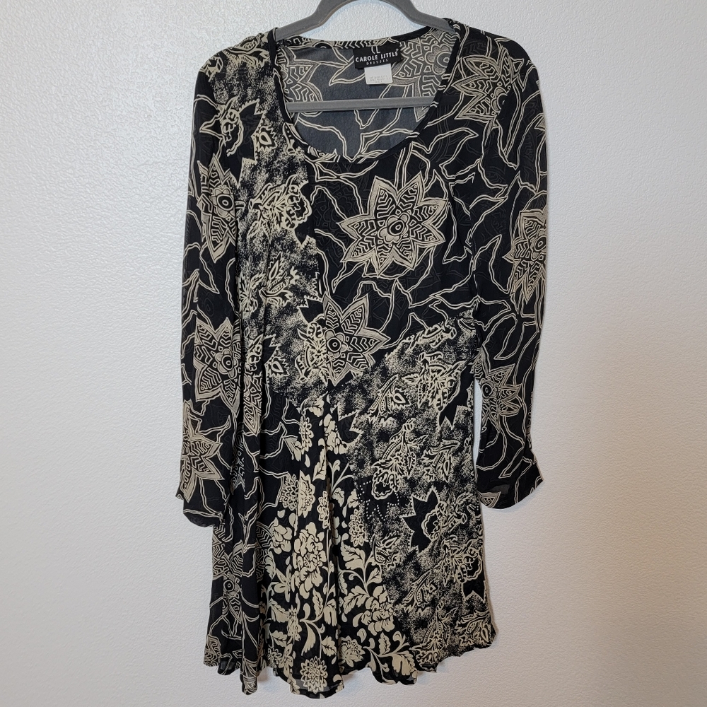 Carole Little VTG Black/Cream Floral Long Sleeve Dress Sz 4